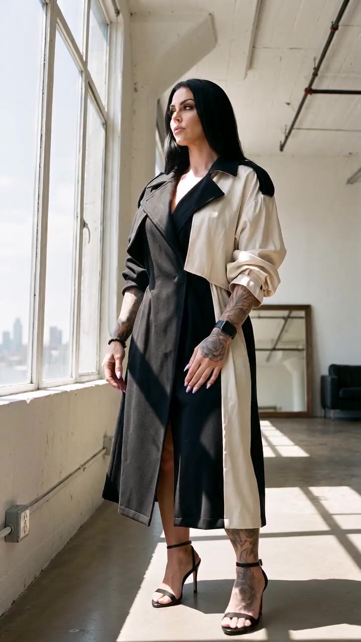in motion: Colour-block trench coat in charcoal, black and bone