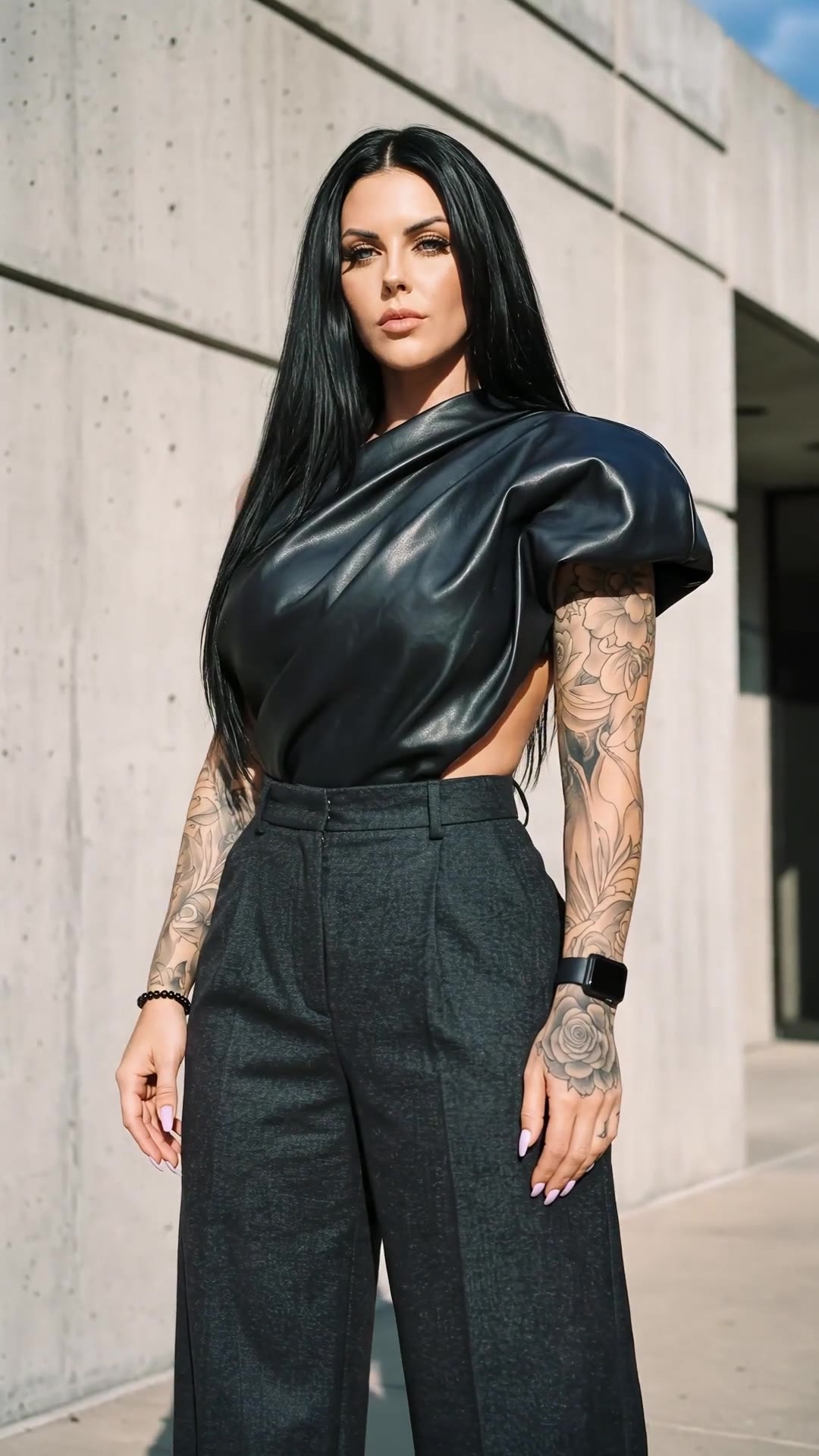 in motion: Black leather draped top and charcoal wide-leg trousers